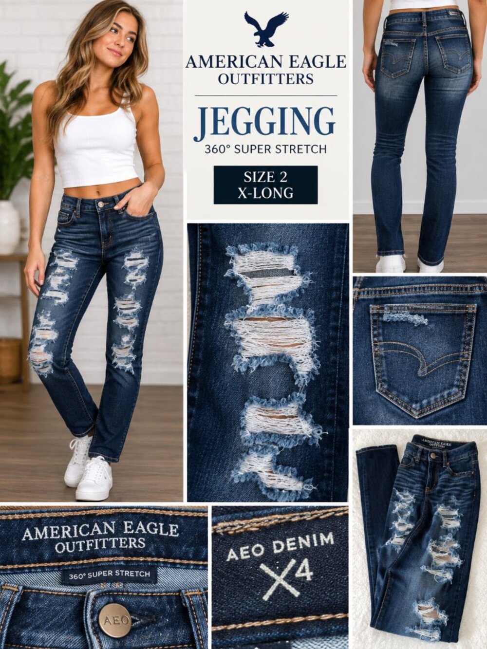 American Eagle AEO Size 2 X-Long Distressed 360 Super Stretch Jegging Jeans